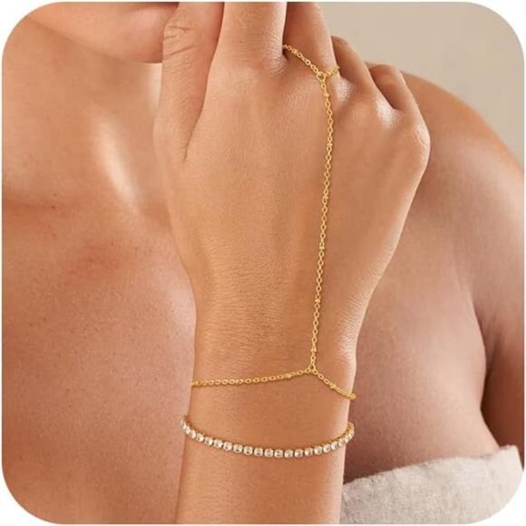 Hand Chain Bracelet for Women Trendy, Dainty 14k Gold Plated Ring Trendy - Picture 1 of 6